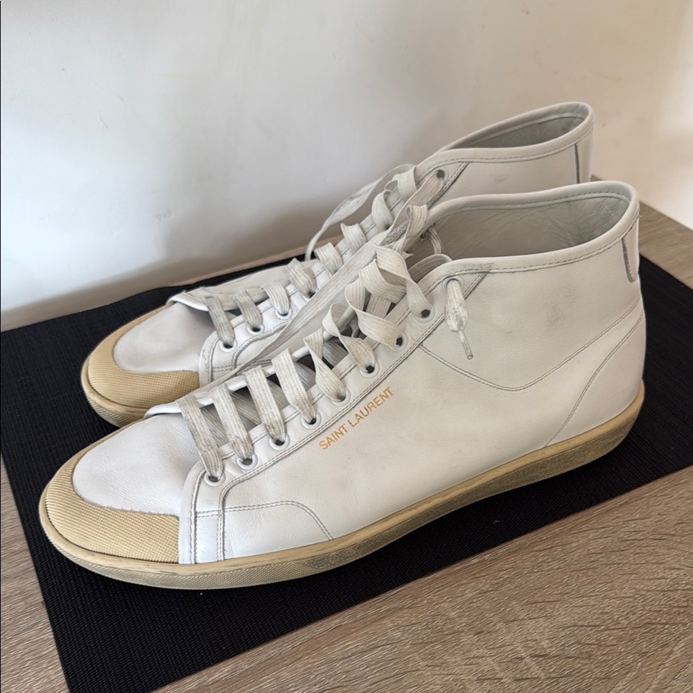 Saint Laurent Men’s Distressed White High-Top Sneakers